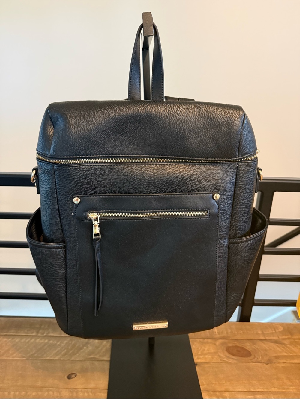 Black Leather Backpack with Front Zip Pocket